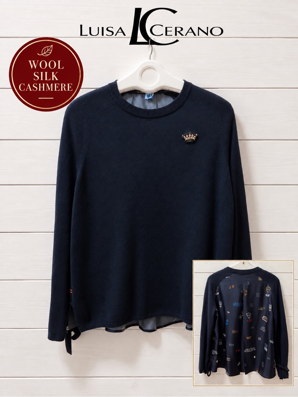 LUISA CERANO – Navy Wool-Silk-Cashmere Sweater with Embroidered Back (US 10)